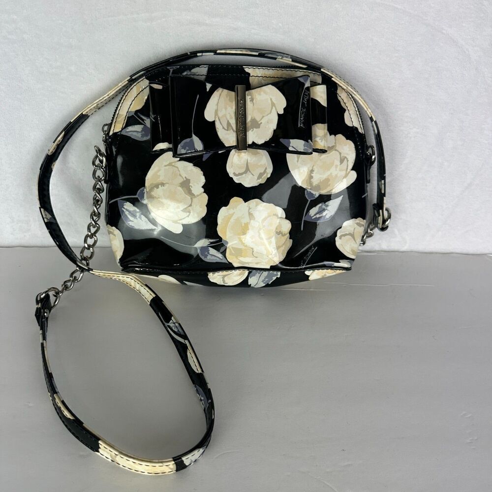Betsey Johnson Floral Dome Crossbody Bag Black Patent Vegan Leather